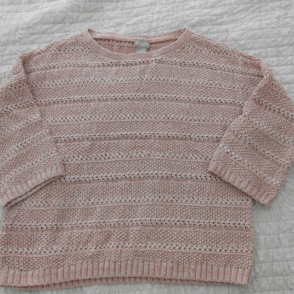 Chico's Women's Pink Cotton Blend Marled Knit Sweater 3/4 Sleeve Crew Neck Sz 0